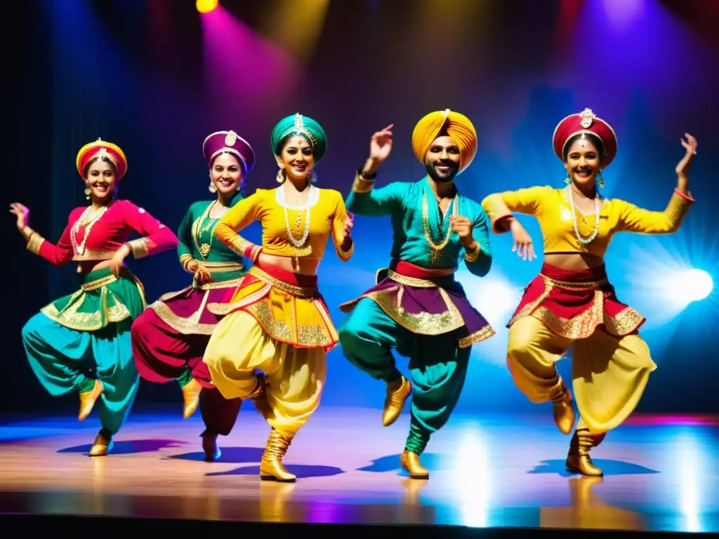 Grupo de bailarines vibrantes vestidos con trajes tradicionales coloridos, realizando la enérgica danza Bhangra en un escenario decorado con motivos culturales