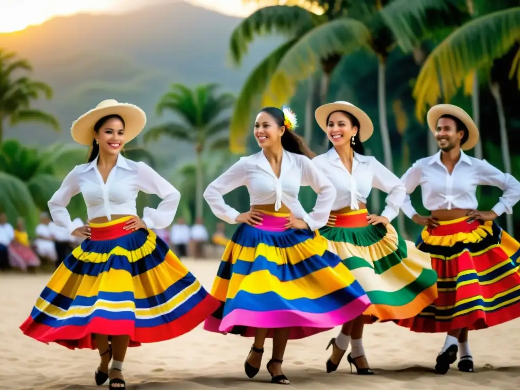 Un grupo de bailarines vibrantes, vestidos con trajes tradicionales colombianos, se mueven graciosamente al ritmo de una banda de cumbia en vivo