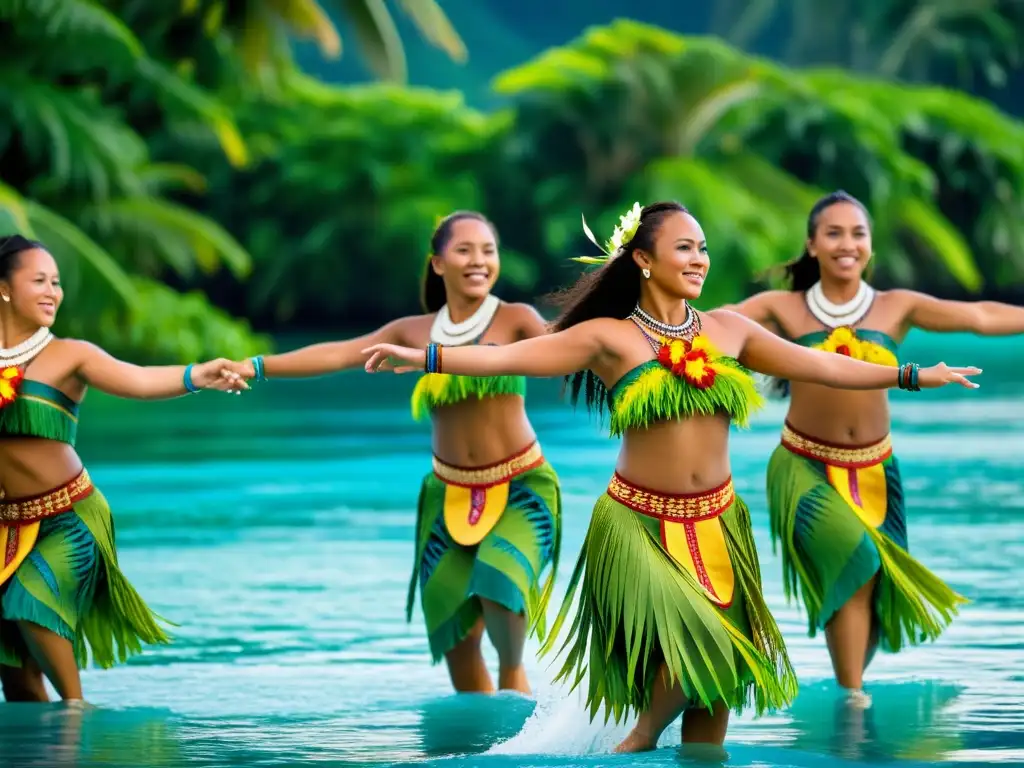 Grupo de bailarines con vibrantes vestimentas de danza en Micronesia, expresando la gracia de su baile tradicional y la riqueza cultural de la región