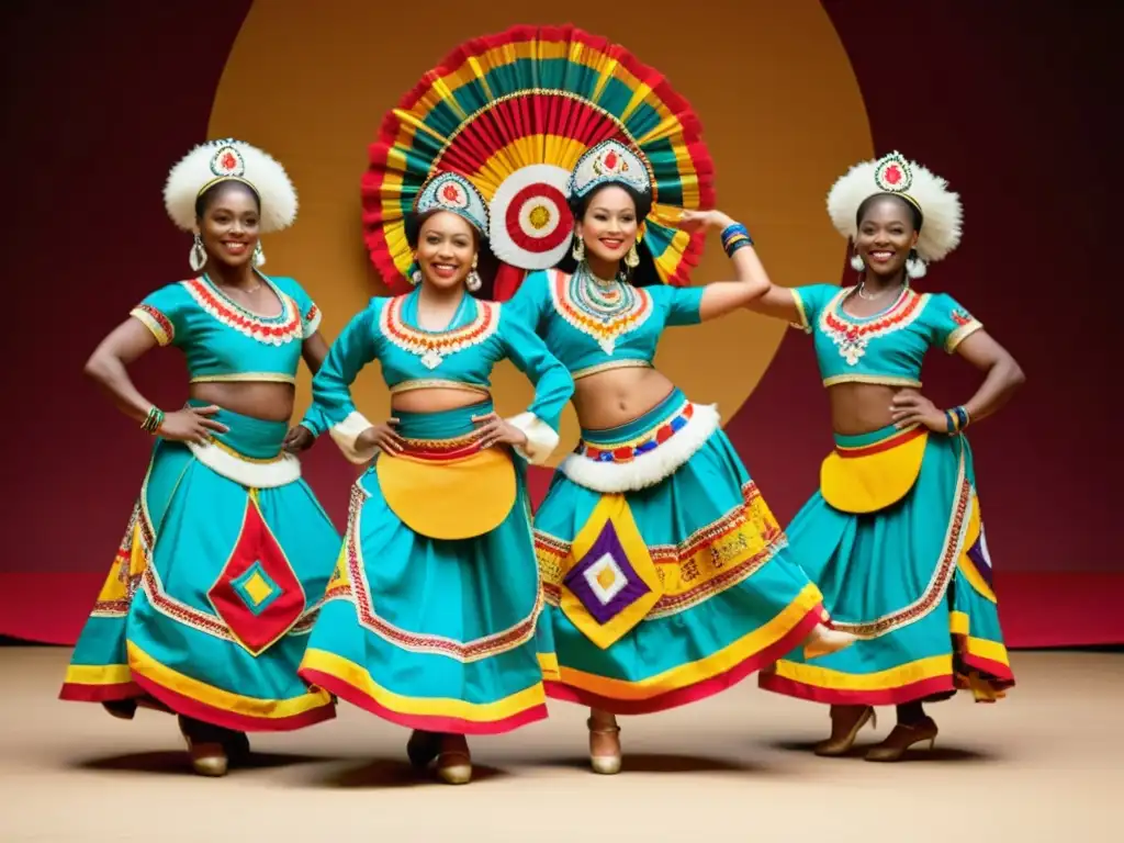 Grupo de bailarines en vibrantes vestuarios tradicionales de danza, desbordando energía y gracia en movimientos dinámicos