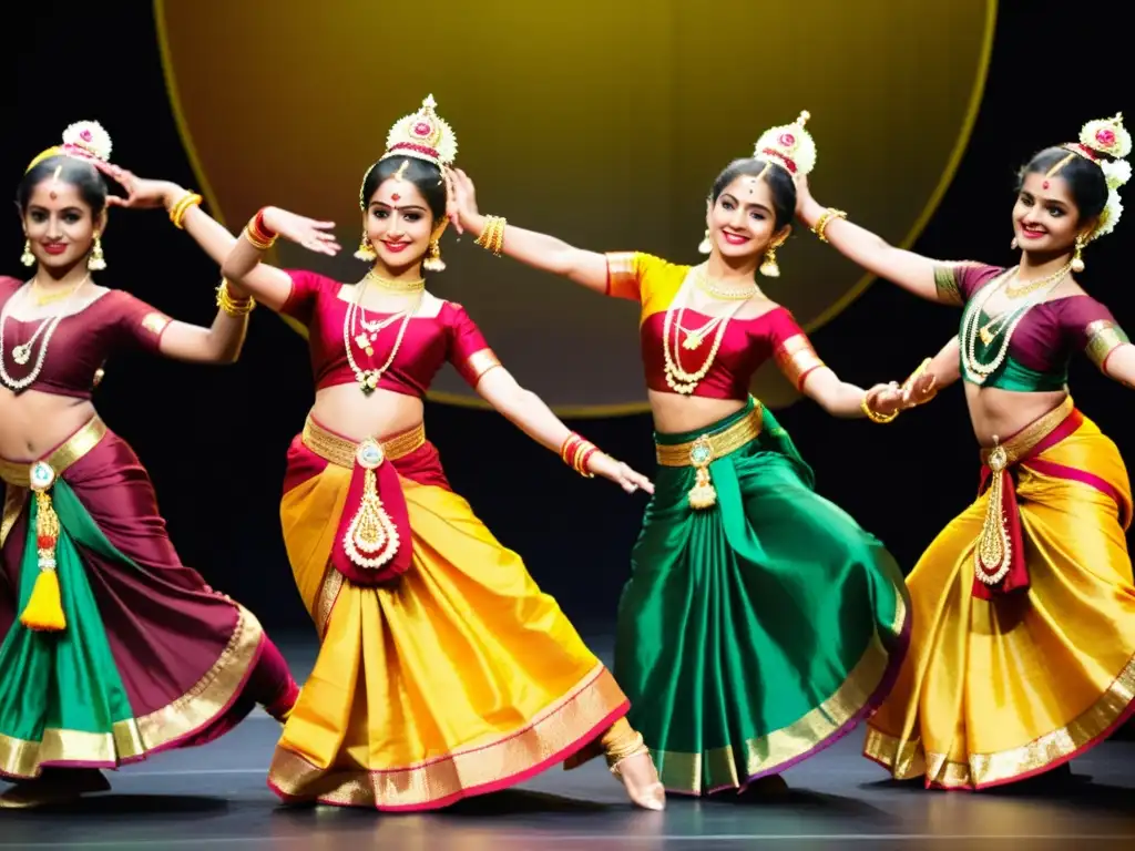 Grupo de bailarines de Kuchipudi con vibrantes vestuarios tradicionales de la danza india, joyería elegante y expresiones cautivadoras