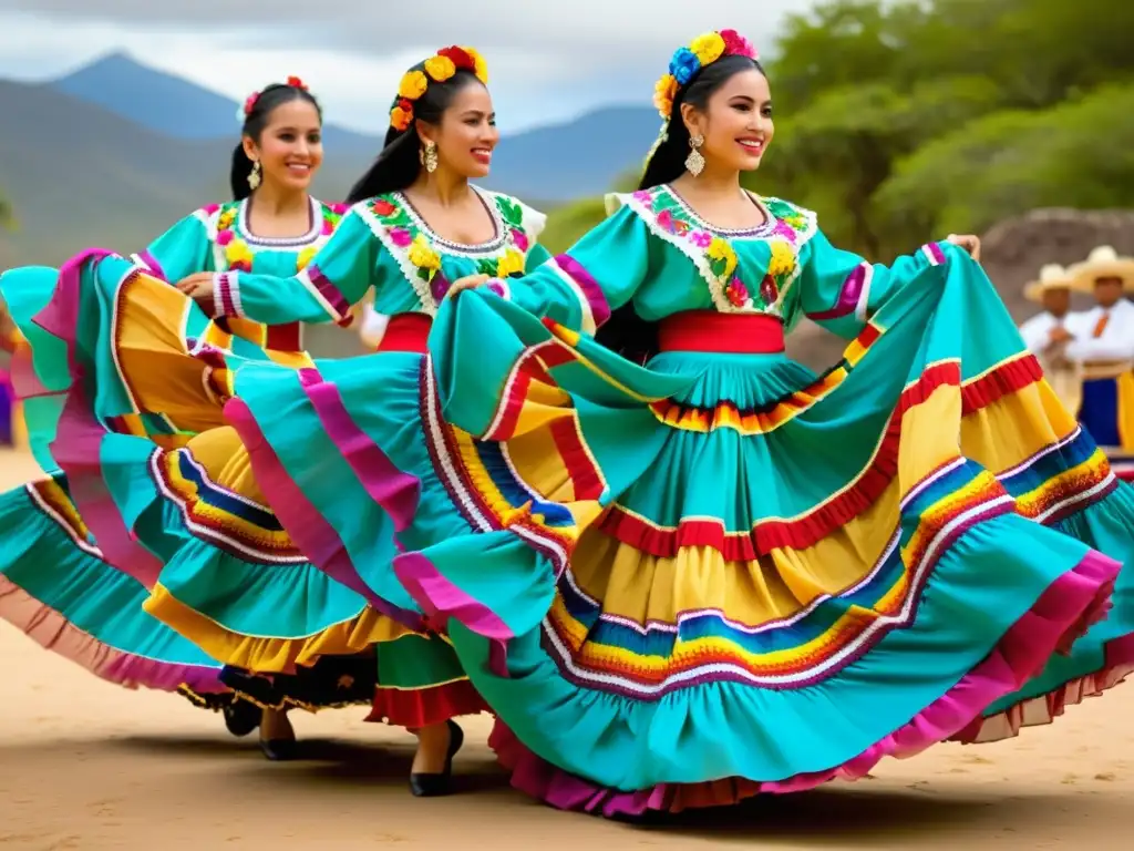 Un grupo de bailarines con vibrantes vestuarios de danza tradicional significado, capturando la esencia de la cultura mexicana