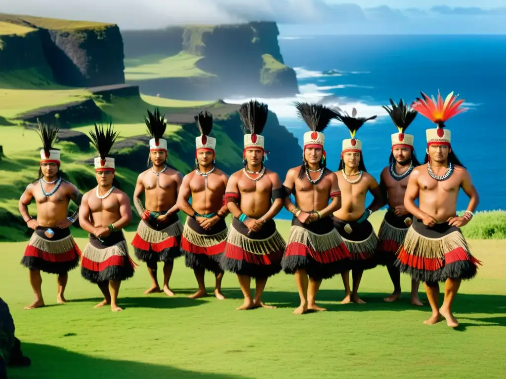 Un grupo de bailarines Rapa Nui dan vida a la Danza del Hombre Pájaro con trajes vibrantes en el paisaje de Rapa Nui