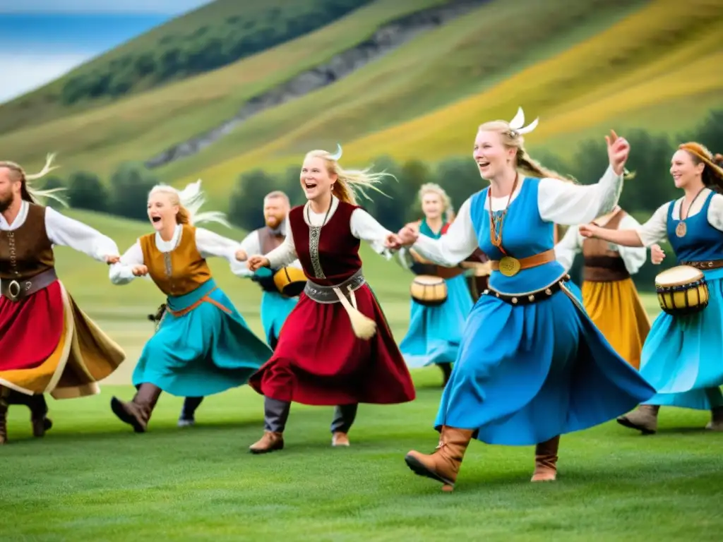 Un grupo de bailarines vikingos en trajes vibrantes actúa en un anfiteatro al aire libre, mientras músicos tocan instrumentos vikingos