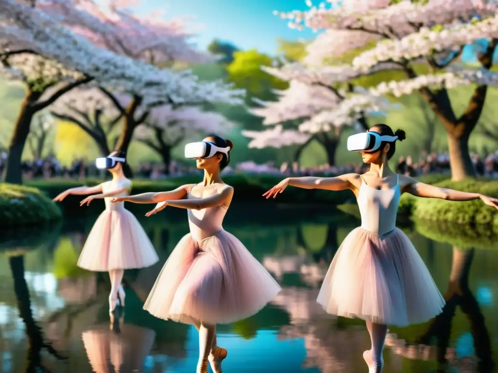 Un grupo de bailarines con visores de realidad virtual practican en un entorno virtual de bosque con cerezos en flor y un estanque sereno