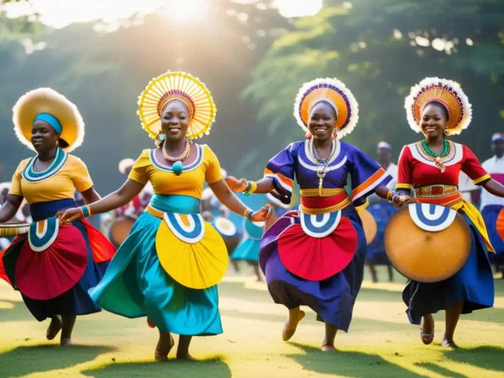 Grupo de bailarines Yoruba vistiendo trajes tradicionales, realizando una danza sagrada que transmite el significado espiritual de la danza Yoruba