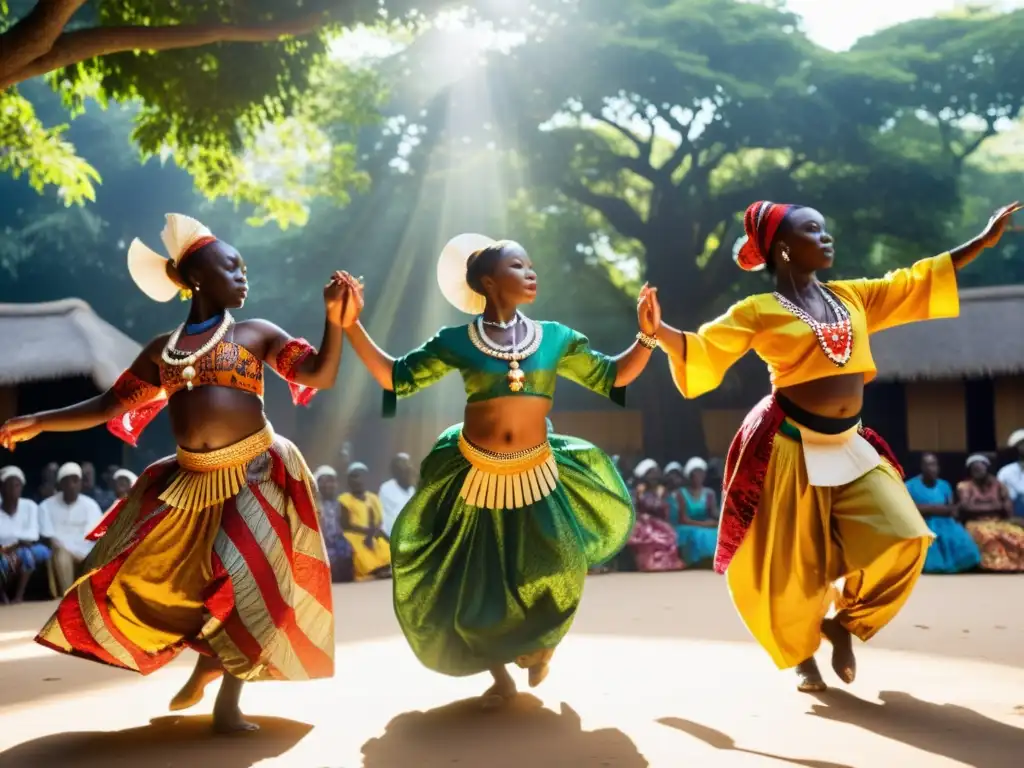 Grupo de bailarines Yoruba con trajes tradicionales, en movimiento, bajo la luz del sol entre árboles