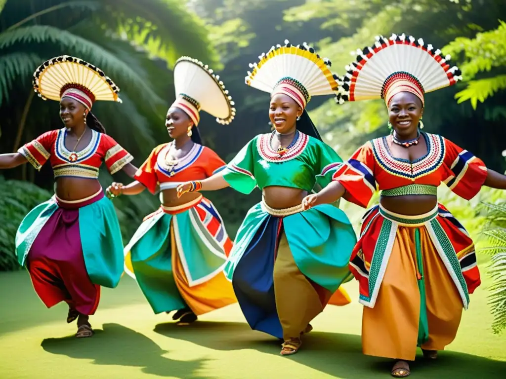 Grupo de bailarines Yoruba en trajes tradicionales coloridos, realizando una danza ceremonial en un claro soleado rodeado de exuberante vegetación