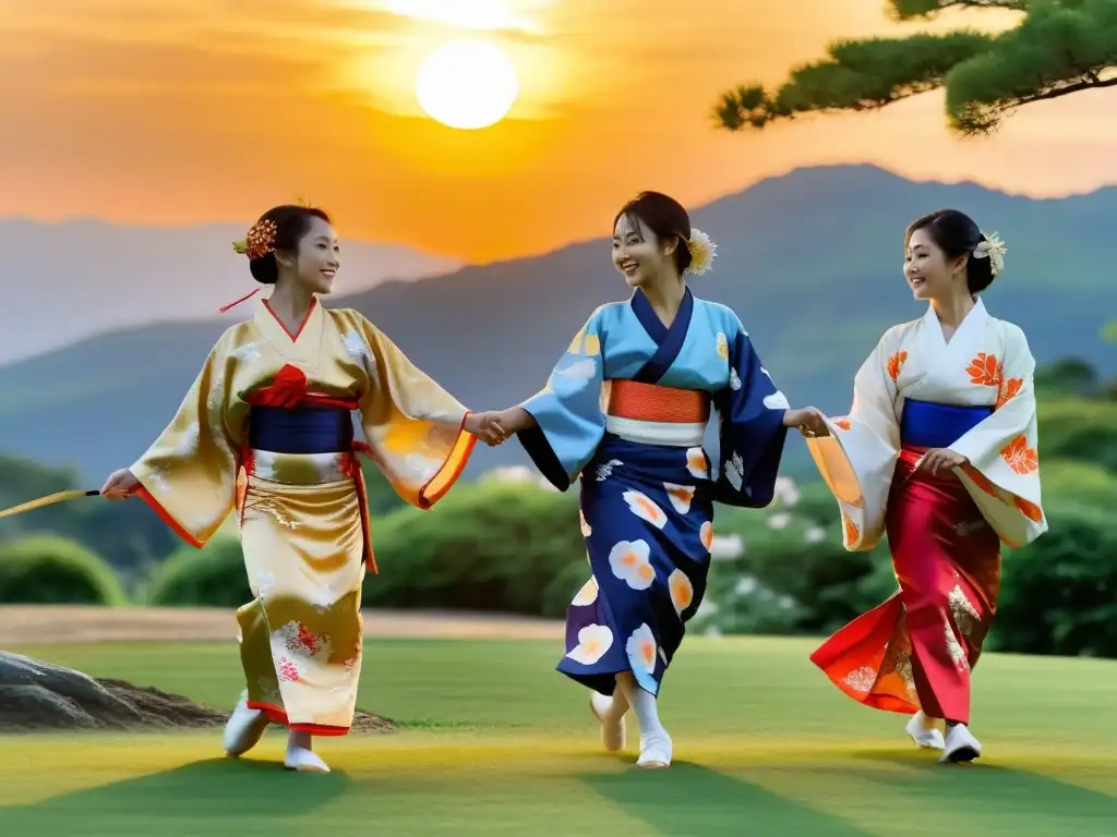 Un grupo de bailarines en yukatas japonesas realizando la Danza Bon Odori al atardecer, reflejando su significado espiritual y cultural