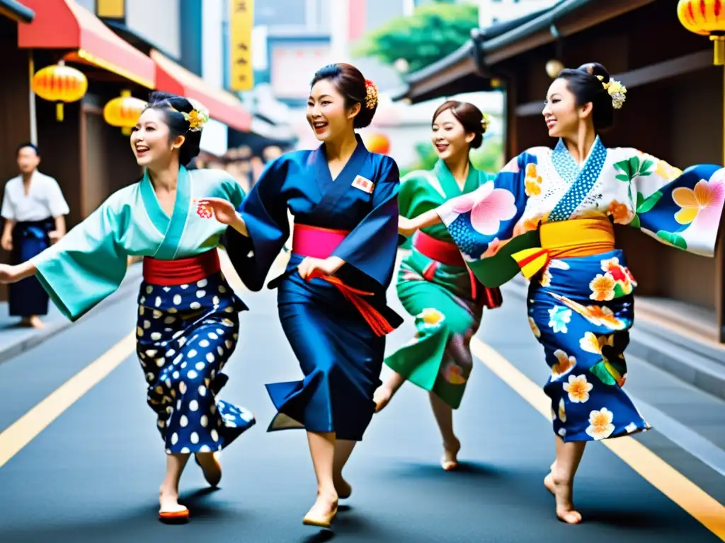 Grupo de bailarines en yukatas japoneses, realizando la enérgica danza Yosakoi en las bulliciosas calles de Japón