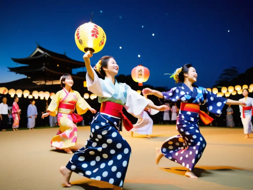 Grupo de bailarines en yukatas japoneses, girando en el Bon Odori, con linternas coloridas iluminando el festival