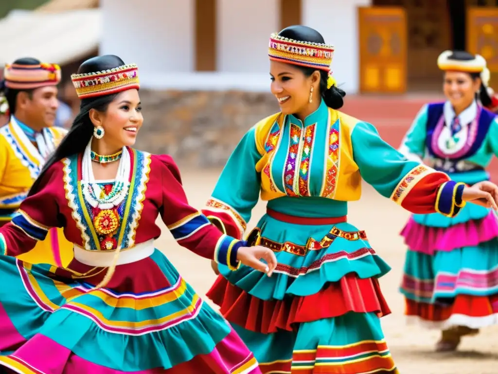 Grupo de bailarines ejecutando la Zamacueca, con trajes vibrantes y movimientos gráciles