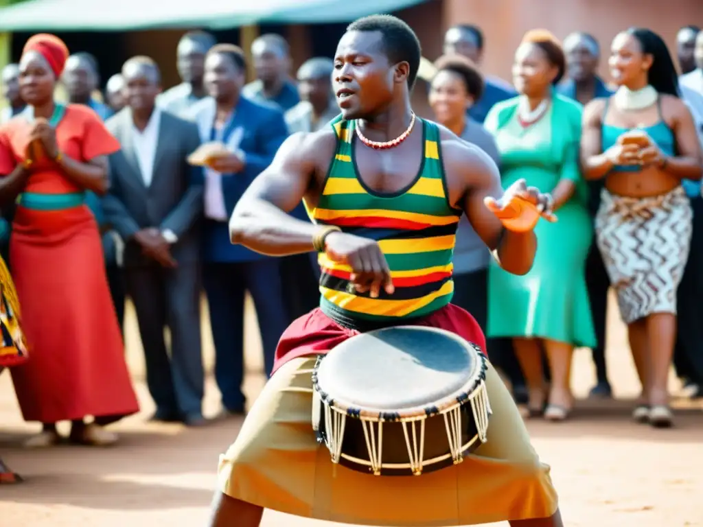 Grupo de bailarines zimbabuenses realizando danza tradicional con música de Mbira, rodeados de espectadores entusiasmados