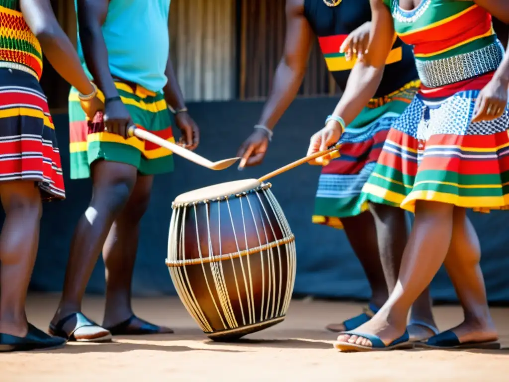 Un grupo de bailarines zimbabuenses ejecutando una danza tradicional al ritmo de la música del Mbira, con trajes vibrantes