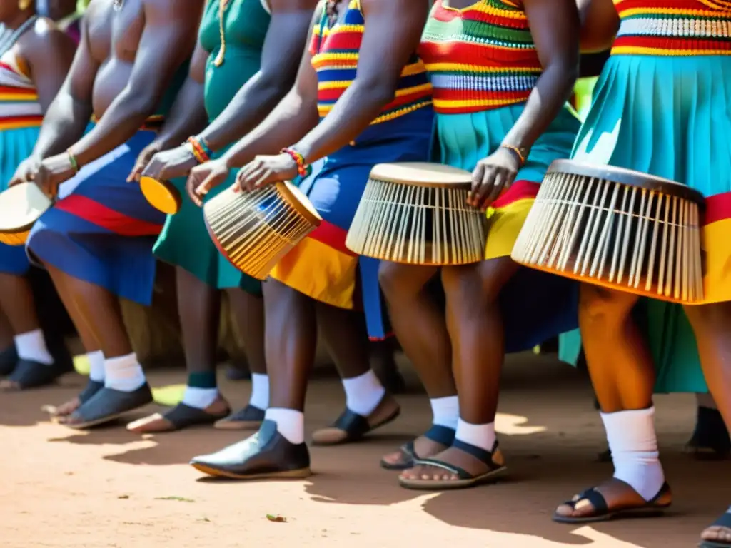 Grupo de bailarines zimbabuenses ejecutando danzas tradicionales al ritmo de la música tradicional Mbira, en un escenario colorido y vibrante