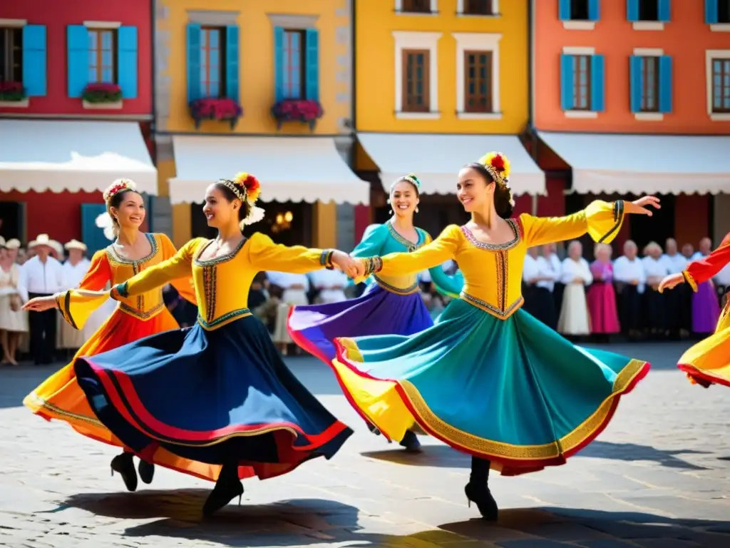 Grupo de bailarines zíngaros influencia danzas europeas cautivan con su energía y coloridos trajes en la plaza histórica