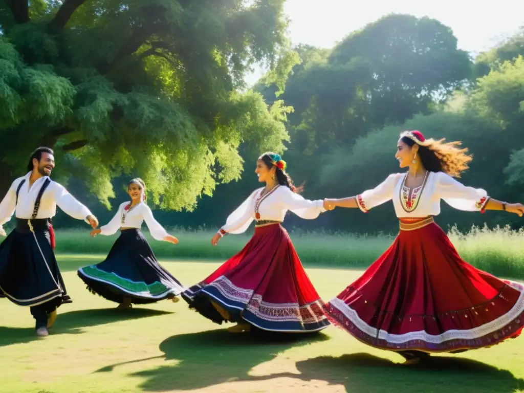 Grupo de bailarines zíngaros en trajes tradicionales danzan con pasión y alegría en un claro soleado rodeado de exuberante vegetación