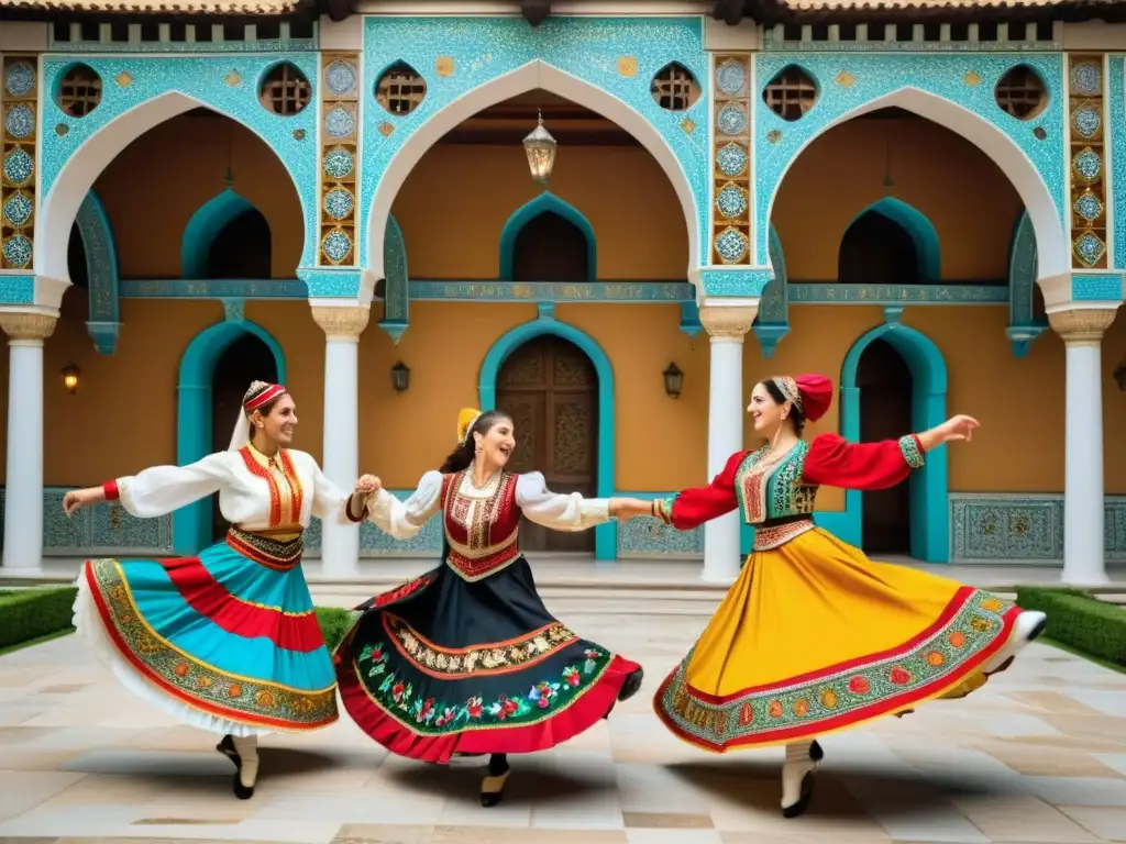 Grupo de baile balcánico con influencia otomana, ataviado con trajes coloridos, ejecutando una rutina en un patio histórico, lleno de vida y energía