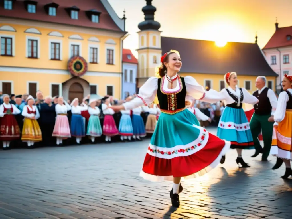 Un grupo de baile folclórico polaco ejecuta la animada y colorida Polka Polaca en una plaza, con espectadores aplaudiendo y sonriendo en el fondo