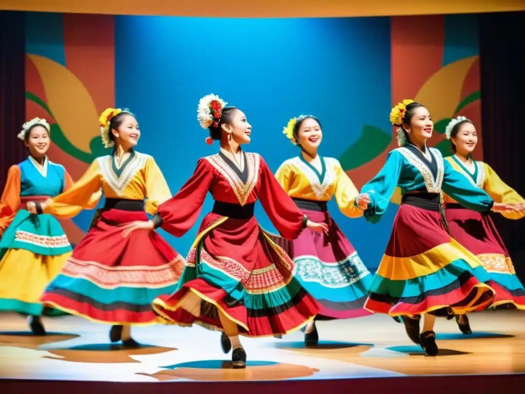 Grupo de baile folclórico con trajes vibrantes y coloridos, expresando pasión y energía en el escenario