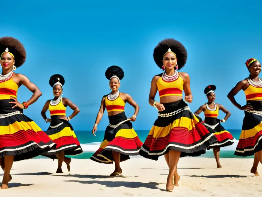 Grupo de baile de Mozambique en trajes tradicionales, moviéndose al ritmo de tambores bajo el sol cubano, honrando su herencia africana