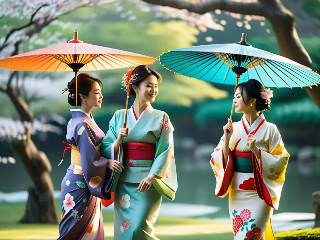 Un grupo de bellas mujeres japonesas danza con gracia en kimonos, sosteniendo coloridos paraguas en un jardín sereno