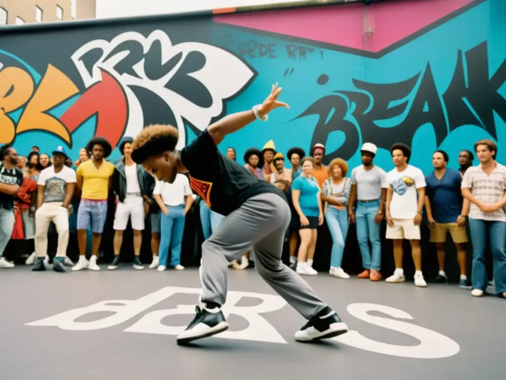 Grupo de breakdancers en la calle de los 80s, expresando pasión por el arte urbano