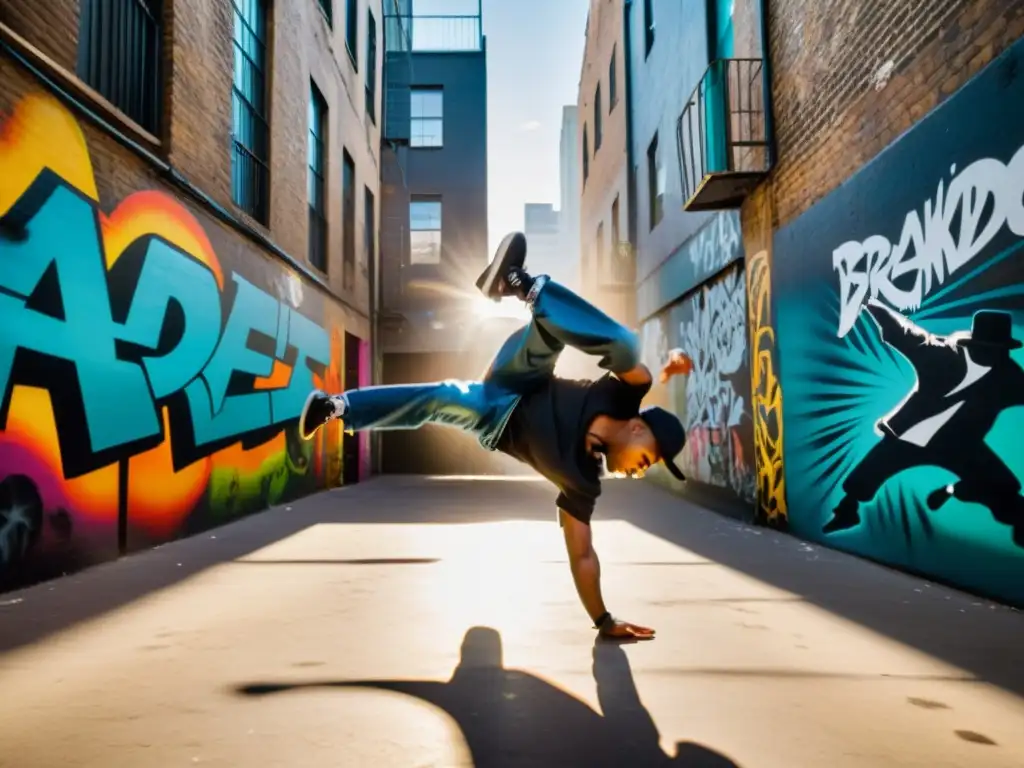 Grupo de breakdancers practicando en un callejón urbano lleno de grafitis vibrantes, con movimientos dinámicos y pasión por el breakdance