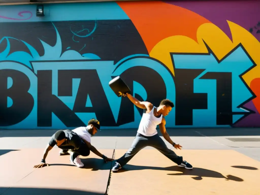 Un grupo de breakdancers congelados en pleno movimiento en una calle de la ciudad, rodeados de arte urbano y graffiti