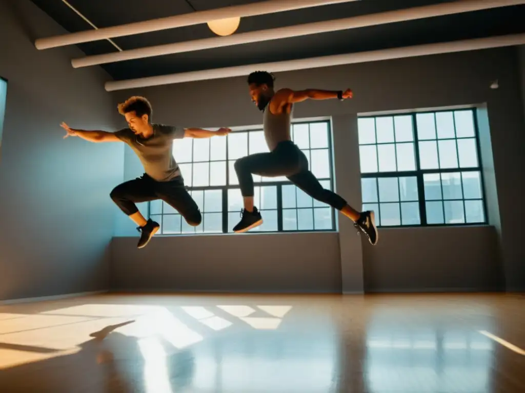 Grupo de breakdancers en estudio, ejecutando rutina sincronizada con fuerza y control