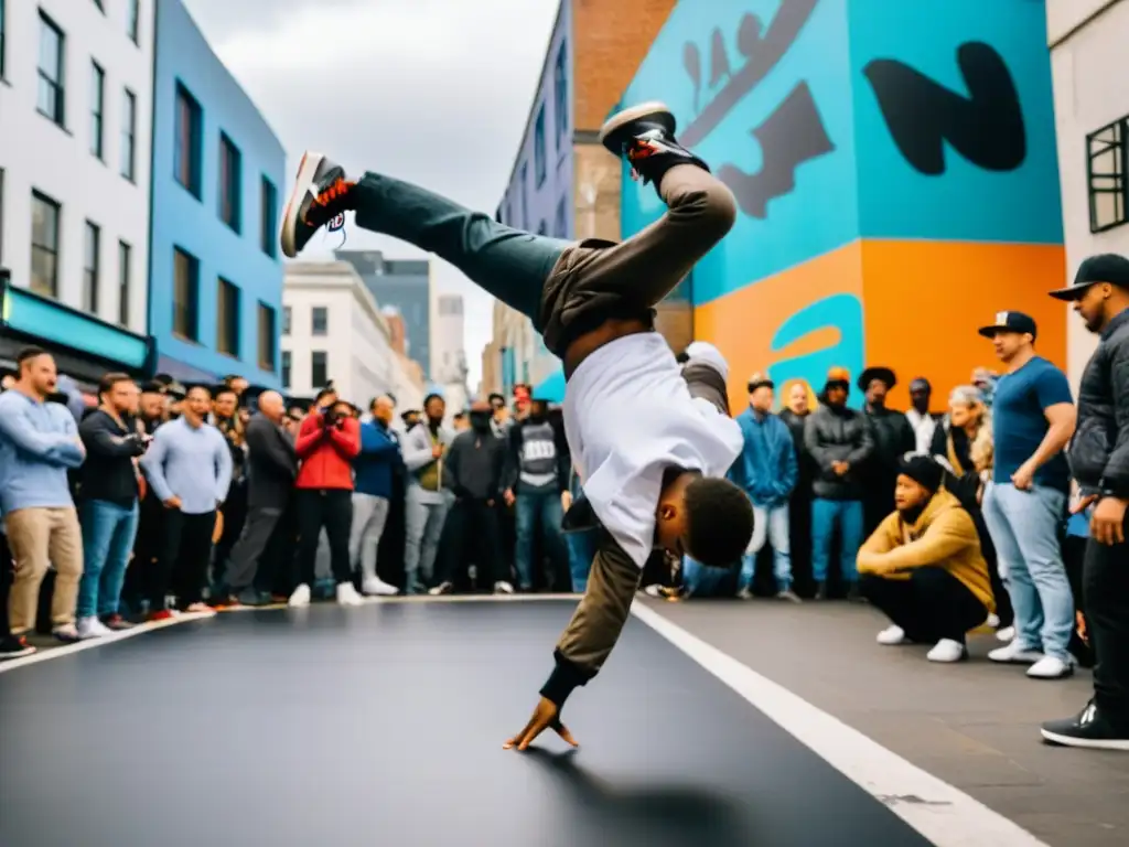 Un grupo de breakdancers ejecuta un movimiento enérgico en la calle de la ciudad, mientras una multitud observa