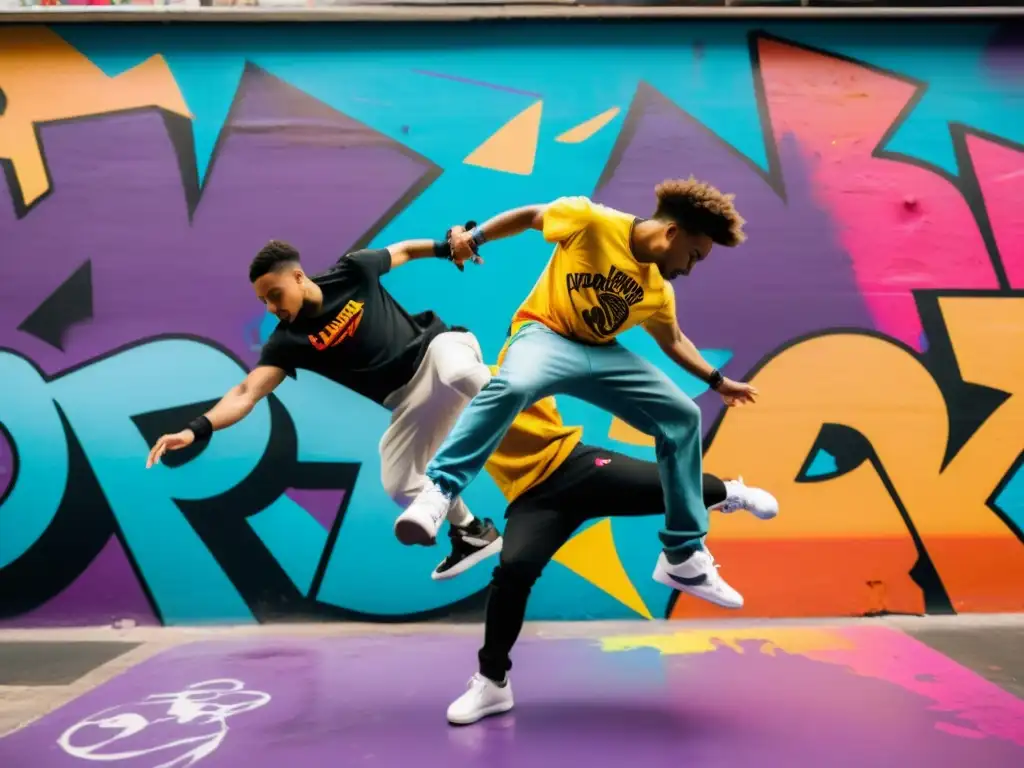 Un grupo de breakdancers ejecuta movimientos dinámicos en un entorno urbano lleno de grafitis