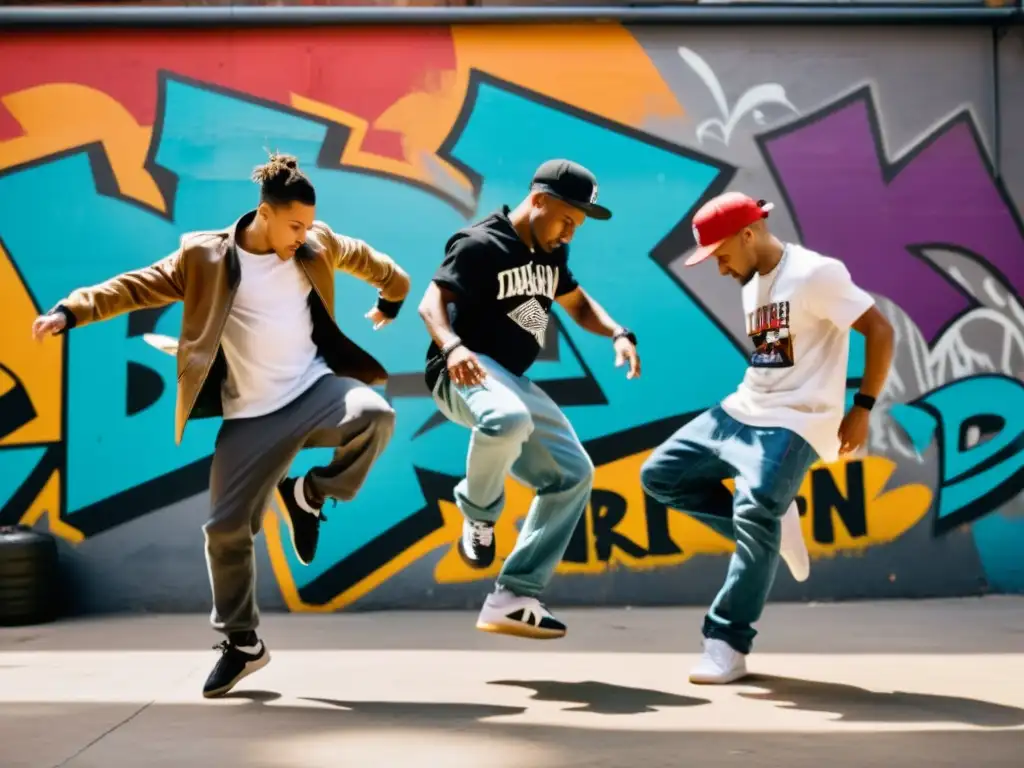 Un grupo de breakdancers realiza movimientos dinámicos en un entorno urbano vibrante y graffiteado