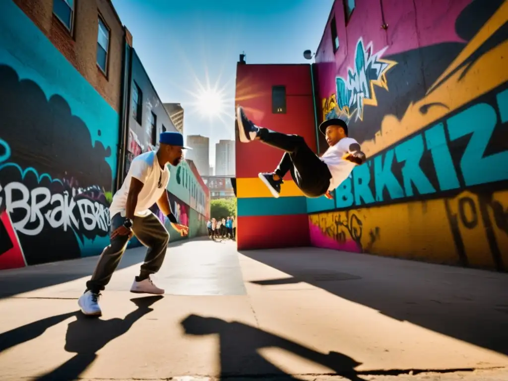 Un grupo de breakdancers realiza movimientos intrincados en una calle urbana llena de grafitis vibrantes