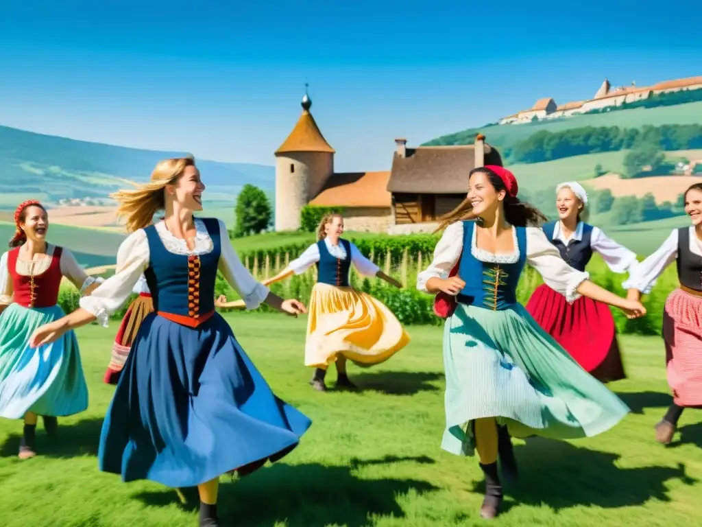 Grupo de campesinos franceses bailando la Bourrée Francesa en un campo soleado con un pintoresco pueblo al fondo, transmitiendo alegría y energía