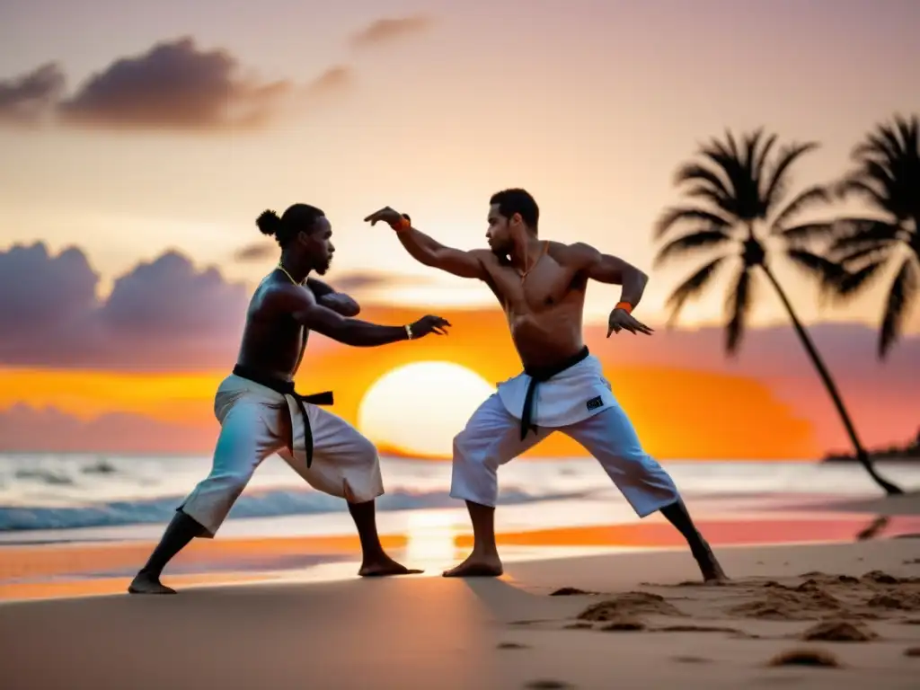 Un grupo practicando Capoeira al atardecer en la playa, con movimientos dinámicos y energía