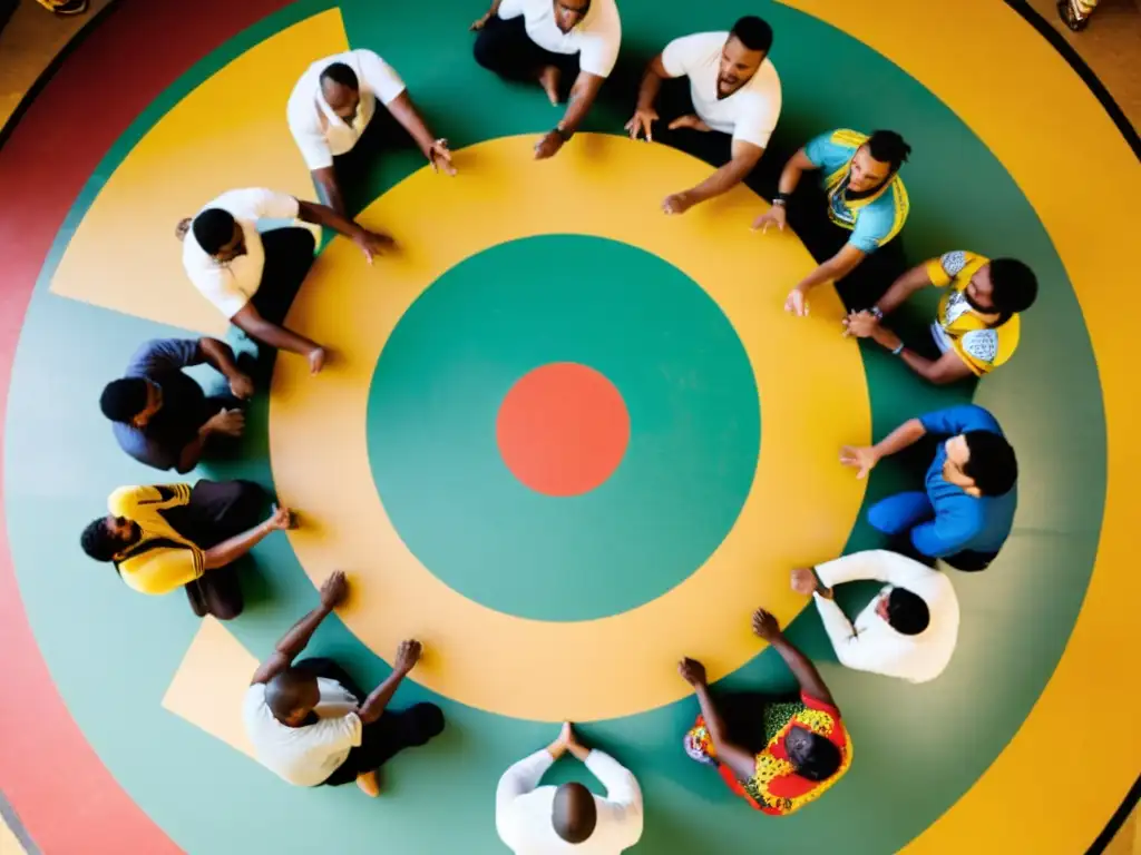 Grupo de capoeiristas en dinámico entrenamiento de capoeira para principiantes, rodeados de espectadores y músicos, en un ambiente vibrante y colorido