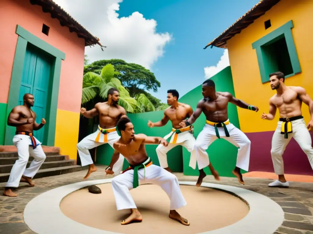 Un grupo de capoeiristas en una roda, rodeados de espectadores, celebrando la historia y la comunidad de la capoeira en un entorno colonial brasileño