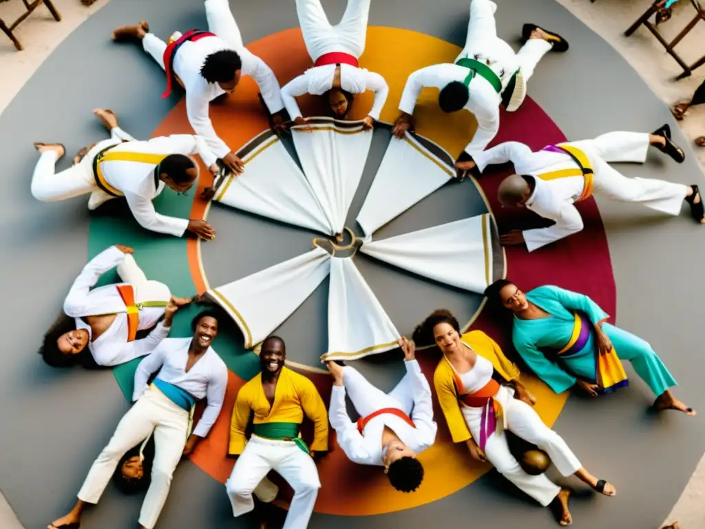 Grupo de capoeiristas vestidos de blanco y con cintas de colores, moviéndose al ritmo de la música afrobrasileña en un círculo