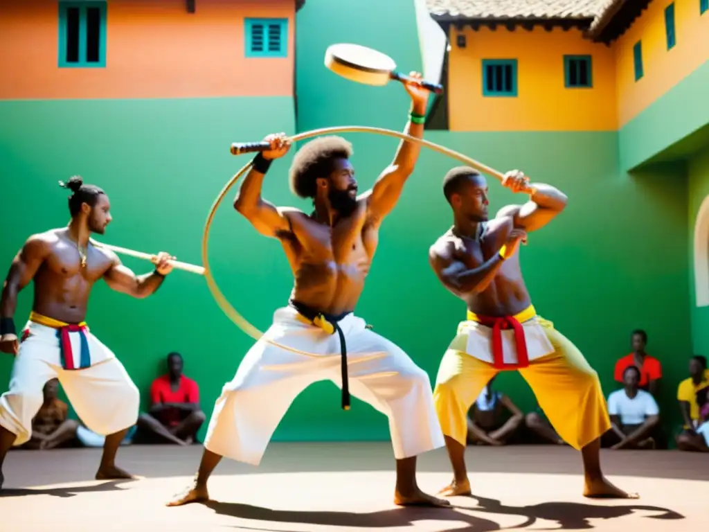 Grupo de capoeiristas en vibrante roda, expresando movimientos y música afrobrasileña en un taller de capoeira