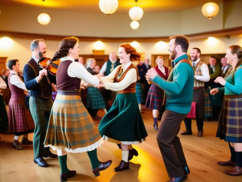 Grupo bailando en un Céilidh con trajes tradicionales, colores vibrantes y ambiente festivo