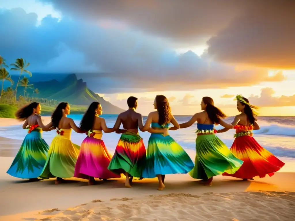 Un grupo participa en una ceremonia de danza hawaiana espiritual en la playa al atardecer, evocando tranquilidad y conexión con la naturaleza