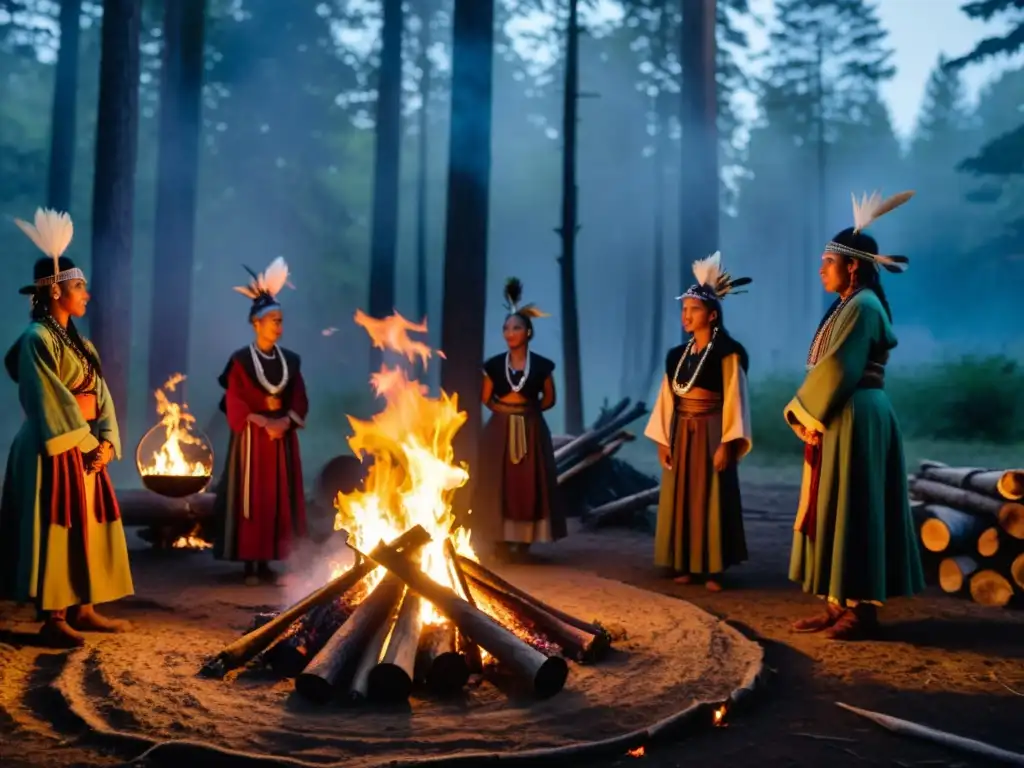 Grupo de chamanes danzando alrededor del fuego en el bosque