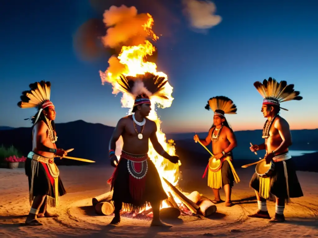 Un grupo de chamanes indígenas danzando alrededor de una fogata bajo el cielo nocturno