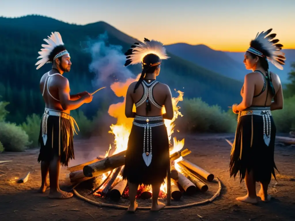 Un grupo de chamanes en trajes tradicionales danzan alrededor de una fogata en el bosque