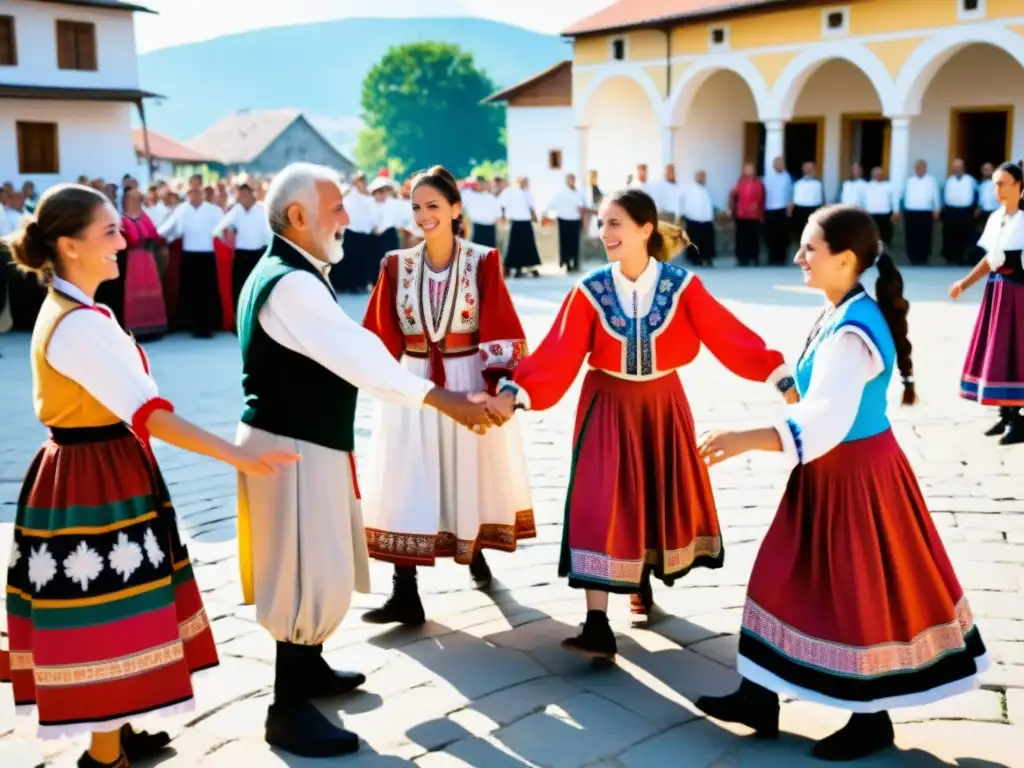 Grupo en círculo bailando Kolo en trajes tradicionales serbios, celebrando la amistad y la tradición