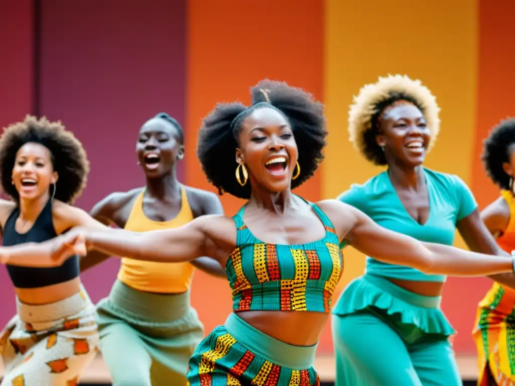 Grupo disfrutando de una clase de baile afrobeat, con movimientos enérgicos y coloridos atuendos africanos