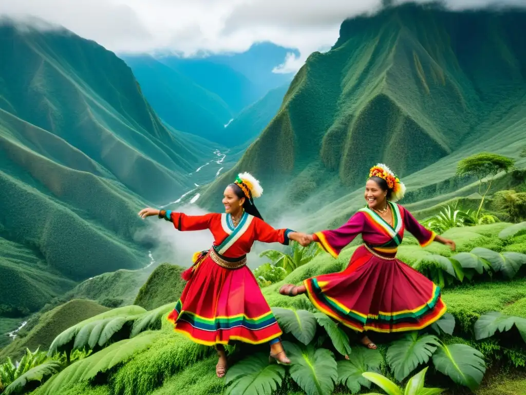 Grupo colorido de bailarines afrobolivianos realizando la Saya en las exuberantes montañas de los Yungas, Bolivia