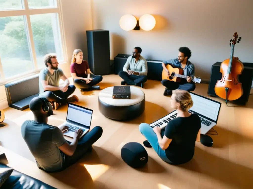 Grupo de compositores inmersos en una colaboración creativa para música de danza, rodeados de instrumentos y computadoras