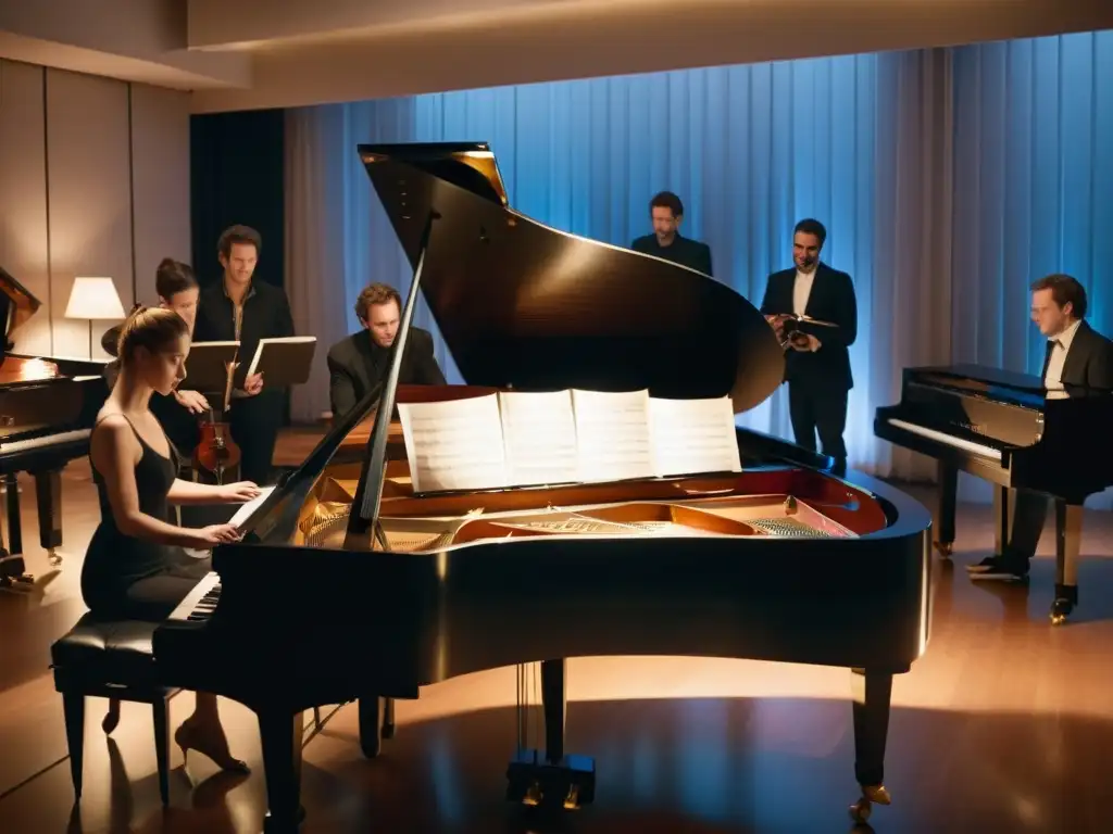 Un grupo de compositores y músicos se reúnen alrededor de un piano de cola en un estudio tenue, iluminados por partituras